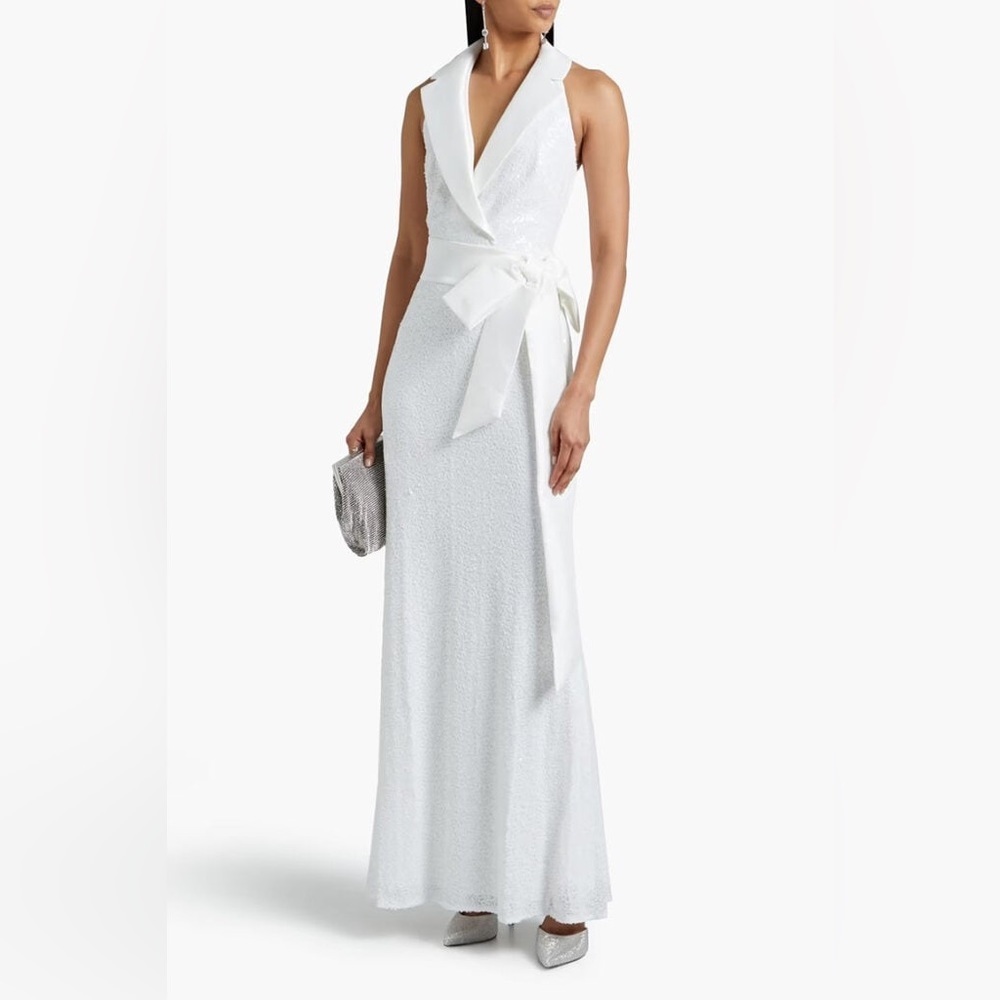 BADGLEY MISCHKA White Sequin Tuxedo Halter Gown Wedding Dress Size 10